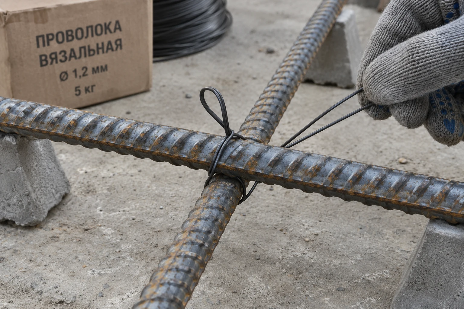 Шаг 3 — проволока под пересечением — иллюстрация к статье «Как вязать арматуру вязальной проволокой: крючком, пистолетом и вручную».